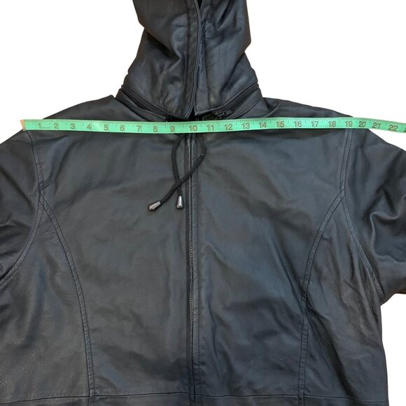 Black Hooded Leather Jacket w/ Faux Fur Lining & Cuffs Womens SZ L *NO BELT* - Picture 4 of 6
